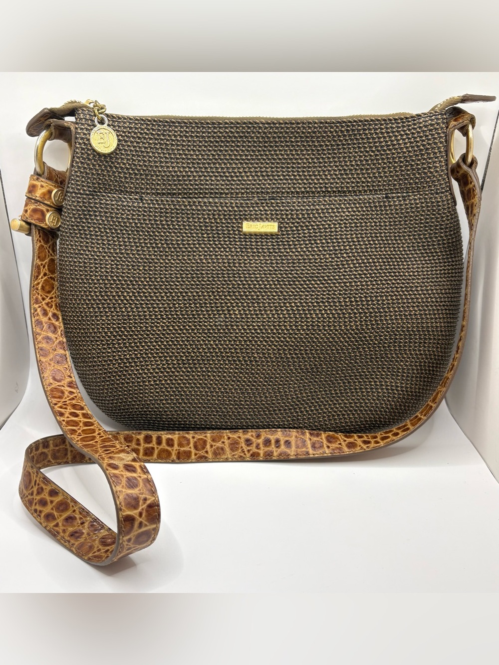 Eric Javits Raffia Messenger Bag Straw Purse Leather Croc Crossbody Strap (Read)